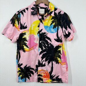 American Eagle Men's Size Medium Cotton Camp Shirt Bright Pink Palm Trees Summer